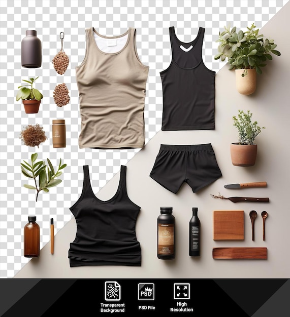 PSD awesome hot yoga essentials set on a transparent background with a potted plant black bottle and brown pot accompanied by a black dress png psd