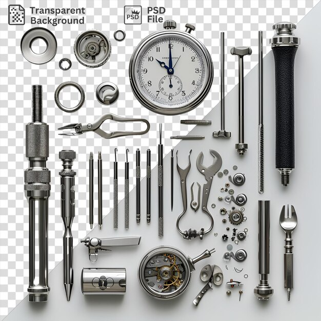 PSD awesome luxury watchmakers tools set displayed on a white wall featuring a silver clock metal and silver scissors and a silver and metal tool