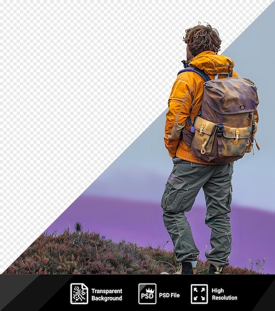 awesome a male traveller with a backpack standing on the top of the hill png
