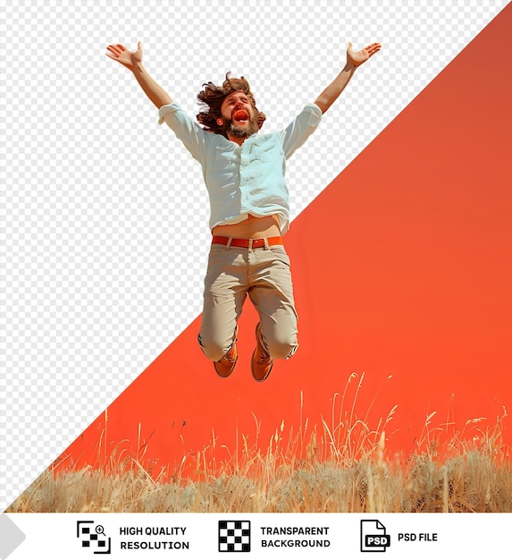 PSD awesome a man on the countryside background jumping and feeling excited png psd