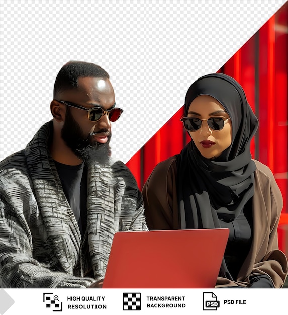 PSD awesome man looking at laptop and woman opposite him png psd