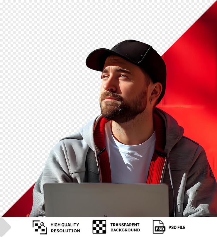 PSD awesome man with cup near laptop looking away from the camera