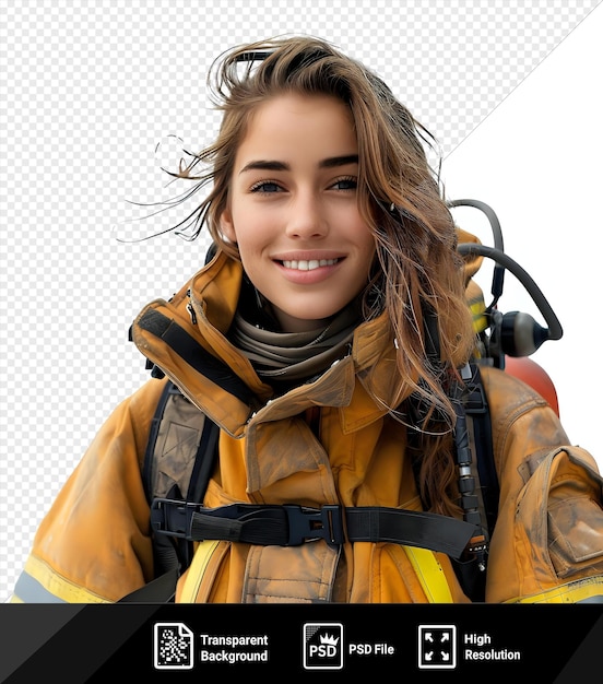 PSD awesome mockup of a young firefighter with long brown hair and a smiling face wearing a yellow jacket and black strap with a black strap visible in the background png psd