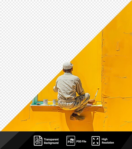Awesome painter preparing for painting the window with the paintbrush standing in front of a yellow wall wearing a gray shirt and with a white head visible in the background png psd