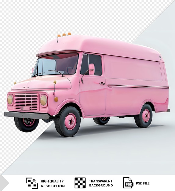 Fantastico modello di furgone rosa con pneumatici neri antenna e porta rosa contro un cielo bianco png