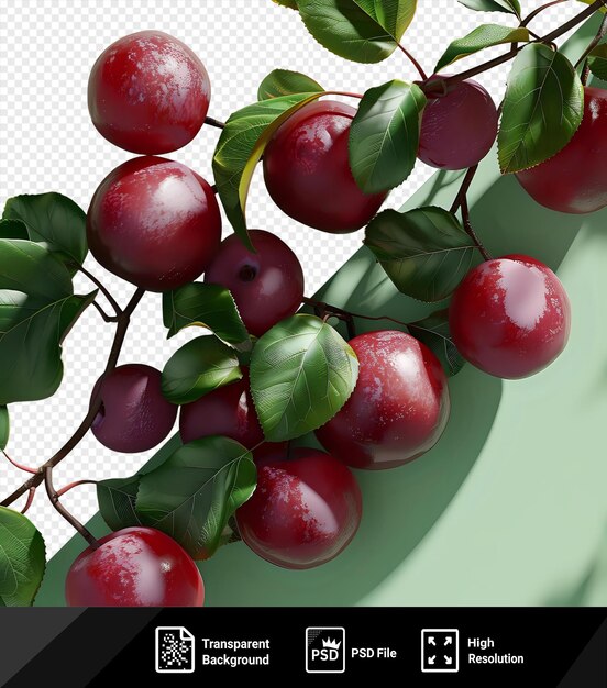 PSD awesome plums on a branch with green leaves on a green background png