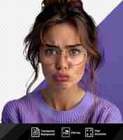 PSD awesome portrait of an angry young casual woman with brown hair blue eyes a large nose and a pink lip wearing a purple shirt and glasses png