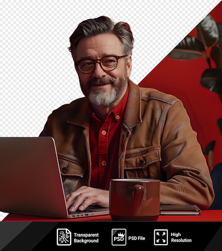 PSD awesome project work attractive cheerful middle aged man typing on laptop while sitting at table in modern office during daytime png psd