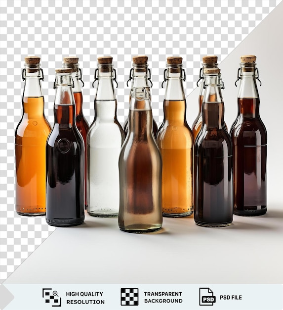 PSD bottiglie di birra fantastiche e realistiche, comprese bottiglie marroni e di vetro, sono visualizzate su uno sfondo trasparente