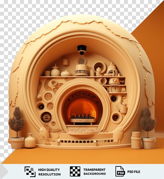 PSD awesome realistic photographic ceramicists kiln in the shape of a house surrounded by white vases and an orange fireplace with a small plant adding a touch of nature to the scene