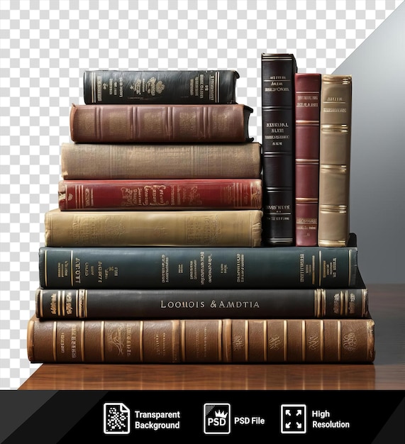 PSD awesome realistic photographic jurisprudents law books of various colors and sizes are displayed on a wooden table against a white wall the books include a brown book a black book a png psd