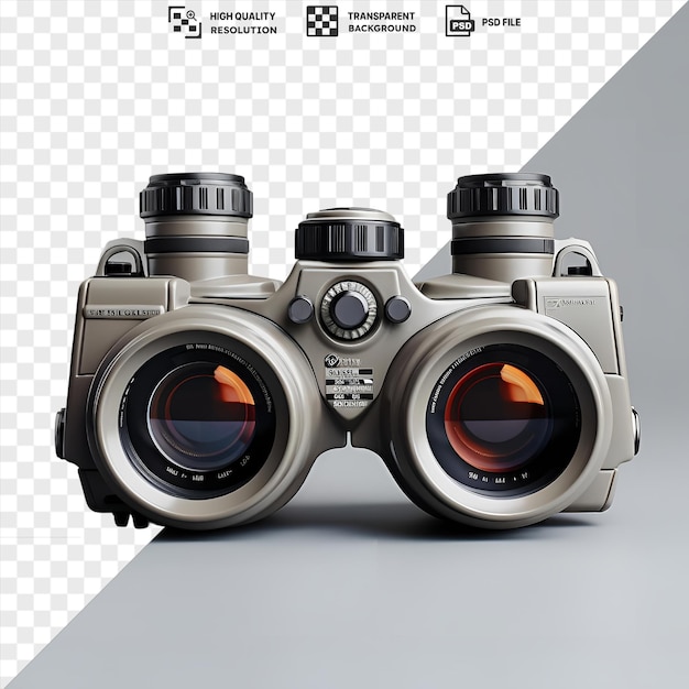 PSD awesome realistic photographic zoologists binoculars and a silver camera on a gray background with a black shadow in the foreground