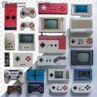 PSD awesome retro video game collection set up on a transparent background