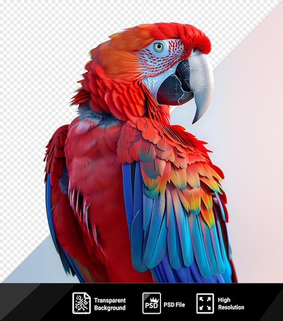 PSD awesome scarlet macaw parrot png clipart with a gray beak red head and blue and red feathers against a clear blue sky png psd