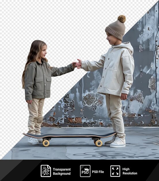 PSD awesome serieuze schattige jonge skateboarder begroeten iemand buiten op een zwarte skateboard met gele wielen dragen khaki en bruine broek en een grijs jasje met lang bruin haar stromen tegen png psd