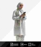 PSD awesome serious young female doctor in hijab with a phone in hand png