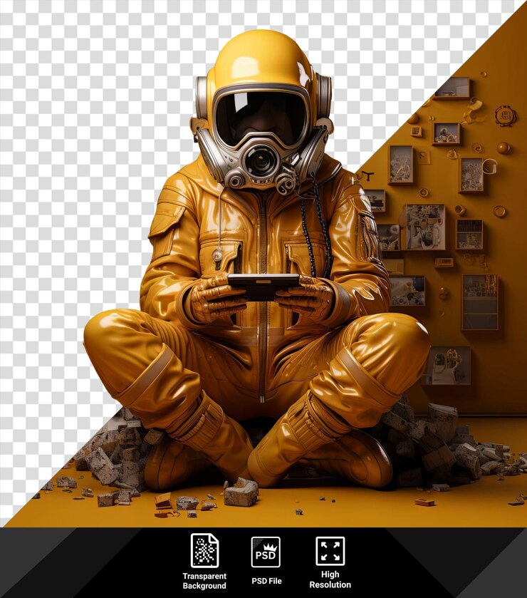 PSD awesome statue of a person wearing a yellow helmet and leather jacket stands in front of a yellow wall holding a black tablet with their legs visible in the foreground