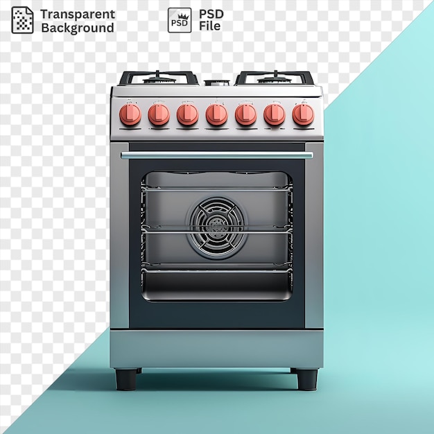 PSD awesome stove with red knobs and black handle against a blue wall casting a dark shadow