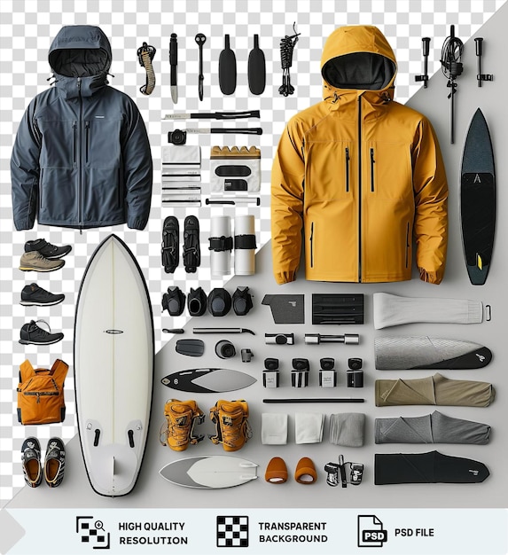 PSD awesome surfing gear and apparel set displayed on a white and black wall featuring a black jacket yellow hood orange shoe and white surfboard with a black and white poster in the png psd