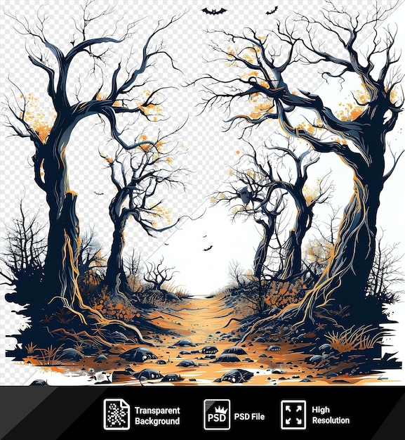 Awesome vector halloween fear forest background with dead trees and birds in the sky