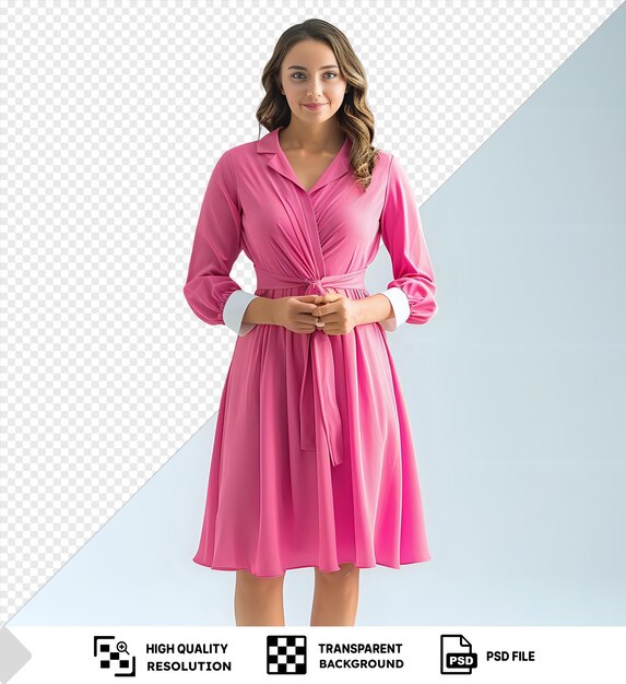 PSD awesome woman with good skin in a pink dress with brown hair and bare legs holding a hand up to her face