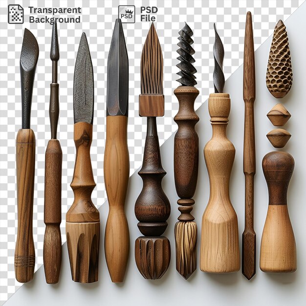 PSD awesome wood carving tools set including a knife and spoon displayed on a white wall