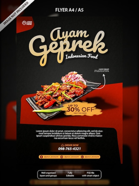 PSD ayam geprek indonesian food poster a4 template