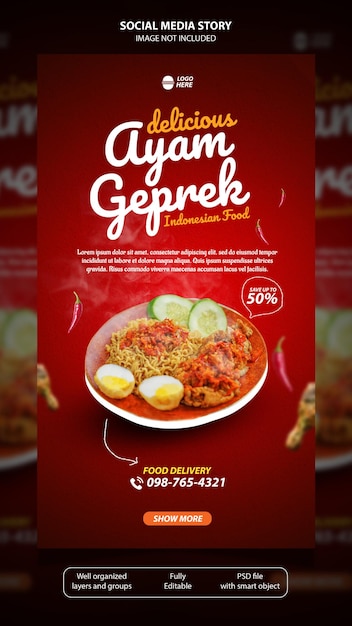 Storia dei social media del cibo indonesiano di ayam geprek