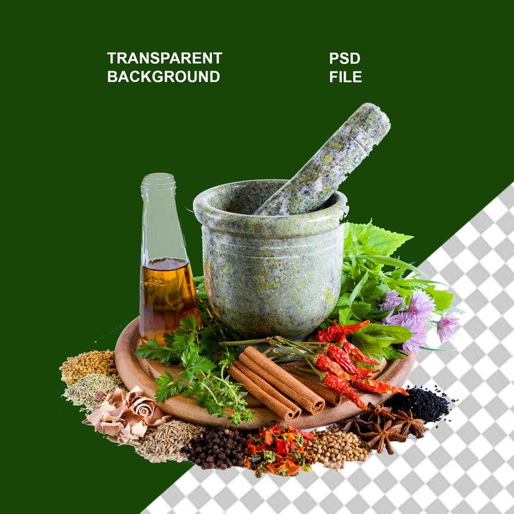 PSD ayurvadic herbal medicines on transparent isolated background