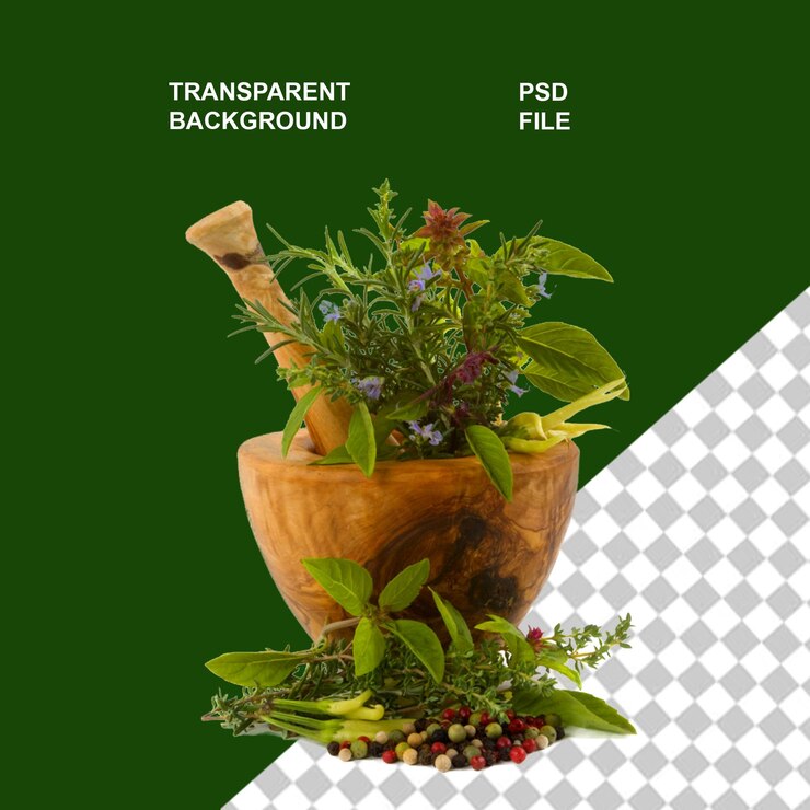 PSD ayurvadic herbal medicines on transparent isolated background