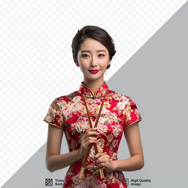 Aziatisch meisje in chinese cheongsam jurk met eetstokjes op grijze geïsoleerde achtergrond