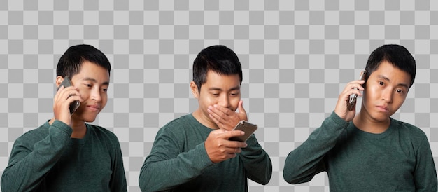 Aziatische man die over smartphone praat.