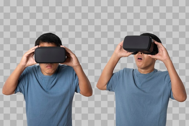 Aziatische man met een VR-headset, een virtuele realiteitsbril.