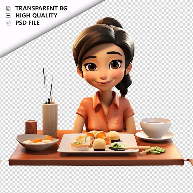 PSD aziatische persoon dining 3d cartoon style witte achtergrond iso