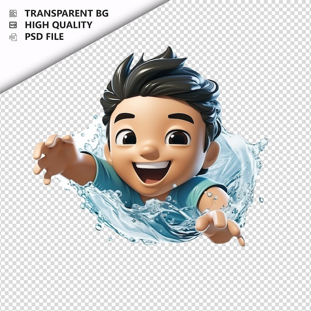 Aziatische persoon zwemmen 3d cartoon stijl witte achtergrond i