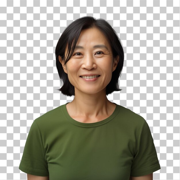 PSD aziatische vrouw glimlachend in groene outfit op een doorzichtige achtergrond
