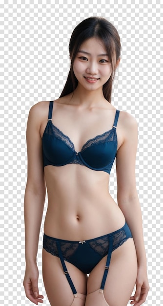 Aziatische vrouw poseert in blauwe lingerie voor foto geïsoleerd op transparante achtergrond