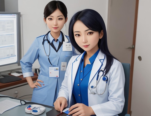 PSD aziatische vrouwelijke arts draagt een blauwe uniforme witte medische jasstethoscoop en kijkt naar de camera