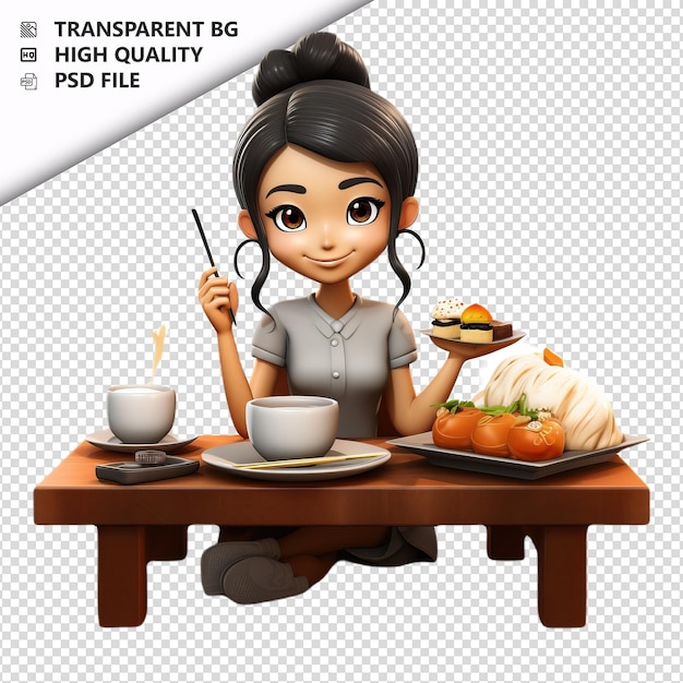 PSD azjatka jedząca 3d w stylu kreskówki z białym tłem