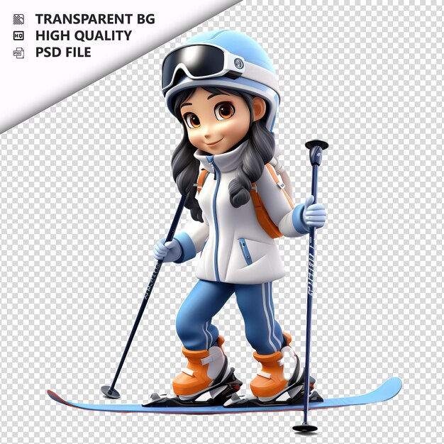 PSD azjatka na nartach 3d w stylu kreskówek na białym tle