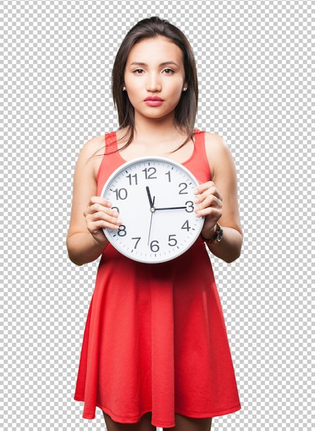 PSD azjatycka kobieta trzyma zegar