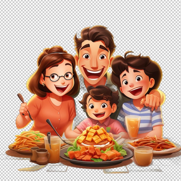 Azjatycka Rodzina Jedząca 3d W Stylu Kreskówki Przezroczysty Tło Iso