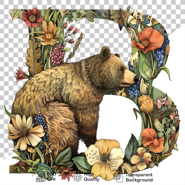 B letter with bear and flowers on transparent background include png file