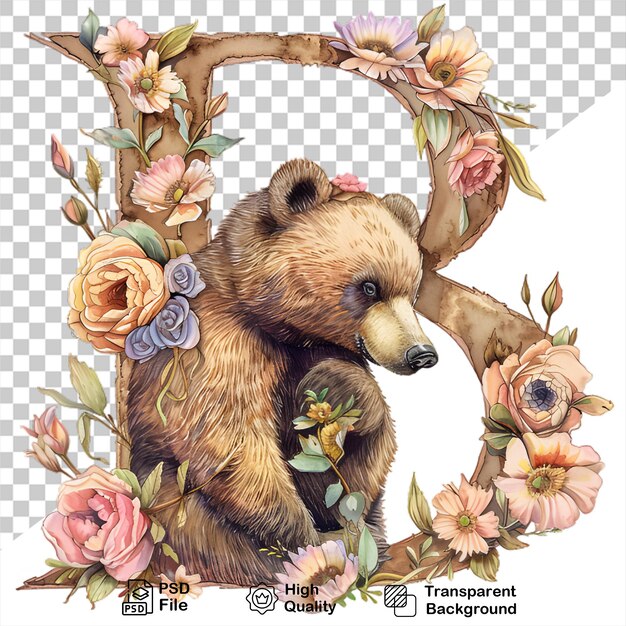 PSD b letter with bear and flowers on transparent background include png file