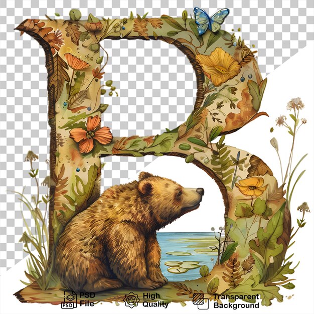 Lettera b con orso e fiori su sfondo trasparente include file png