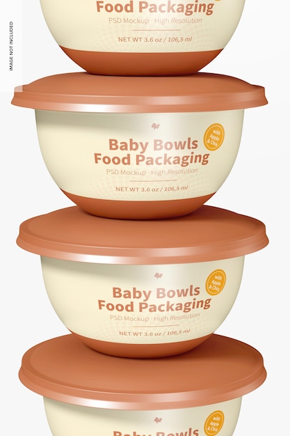 Baby Bowls Food Packaging Mockup, Close-Up
