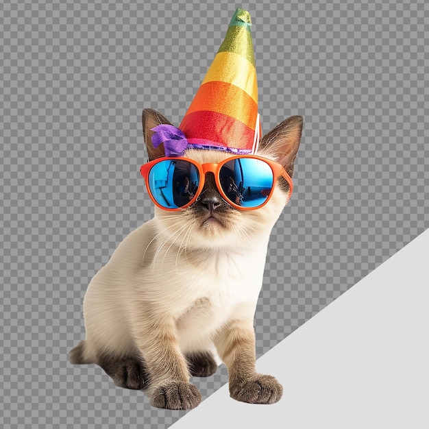 PSD baby cat wearing colorful summer party hat png isolated on transparent background
