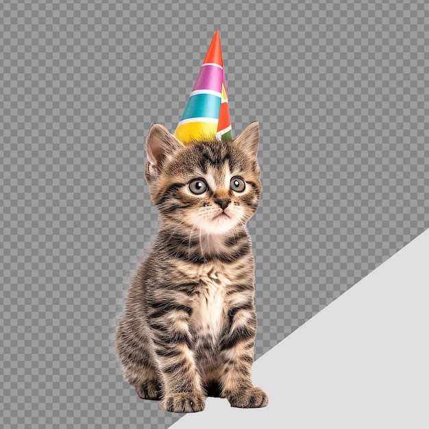 PSD baby cat wearing colorful summer party hat png isolated on transparent background