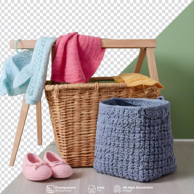 Baby clothes and crochet toys next to laundry basket on transparent background isolated