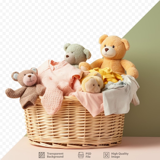 Baby clothes and crochet toys next to laundry basket on transparent background